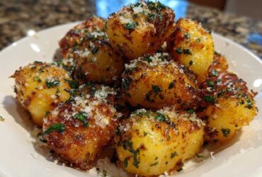 A close-up of golden brown, crispy air fryer gnocchi topped with grated parmesan cheese and fresh parsley.