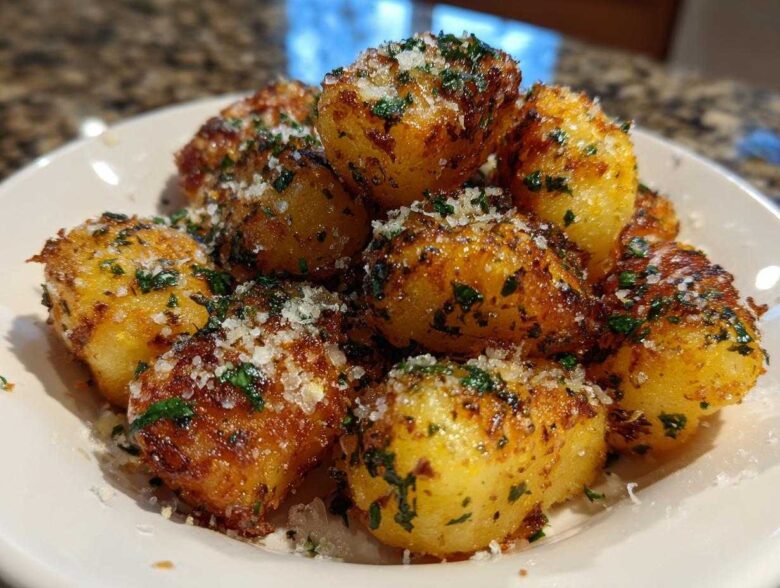 A close-up of golden brown, crispy air fryer gnocchi topped with grated parmesan cheese and fresh parsley.