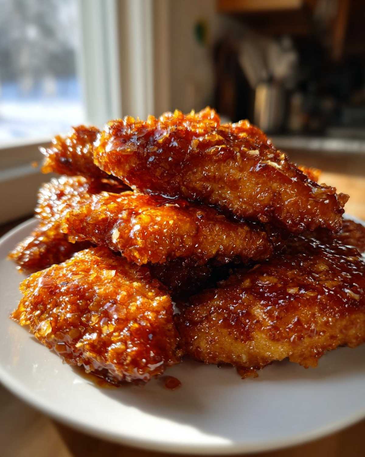 A close-up of crispy hot honey chicken tenders generously coated in a shiny, amber glaze, piled on a white plate.