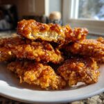 A stack of crispy, glazed hot honey chicken tenders glistening under natural light on a white plate.