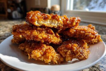 A stack of crispy, glazed hot honey chicken tenders glistening under natural light on a white plate.