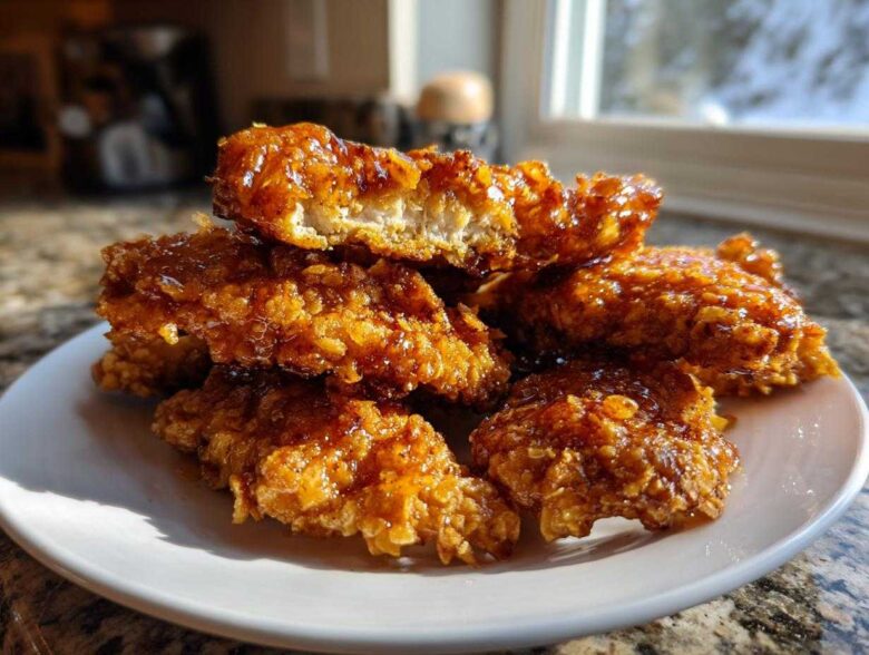 A stack of crispy, glazed hot honey chicken tenders glistening under natural light on a white plate.