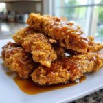 A pile of crispy, golden-brown hot honey chicken tenders drizzled generously with sticky glaze.