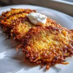 Close-up of three golden brown, crispy potato pancakes served on a white plate with a dollop of sour cream.