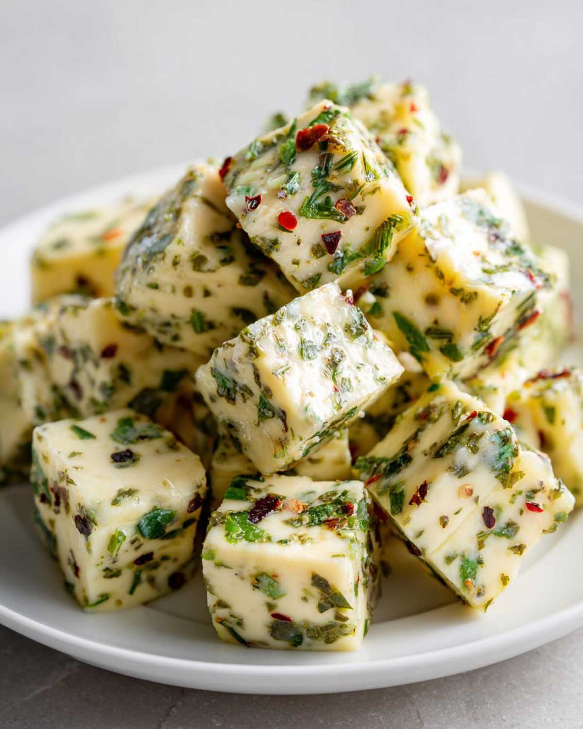 Close-up of cubed, creamy cheese heavily coated in green herbs and red chili flakes from the marinated cheese recipe.