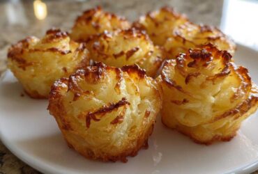 Close-up of several golden brown duchess potatoes piped into beautiful rose shapes on a white plate.