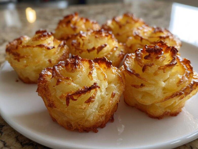 Close-up of several golden brown duchess potatoes piped into beautiful rose shapes on a white plate.