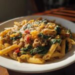 A close-up of a bowl filled with creamy ground turkey pasta mixed with wilted spinach and topped with melted cheese.