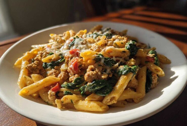 A close-up of a bowl filled with creamy ground turkey pasta mixed with wilted spinach and topped with melted cheese.