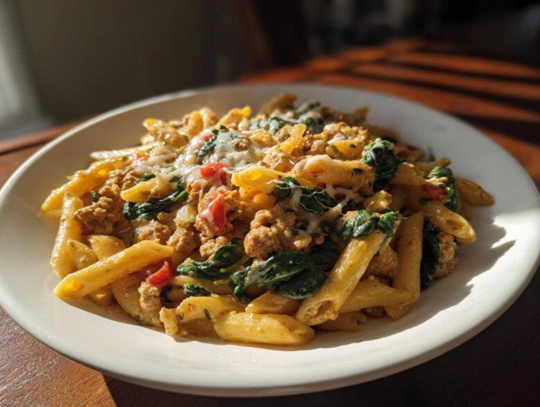 A close-up of a bowl filled with creamy ground turkey pasta mixed with wilted spinach and topped with melted cheese.