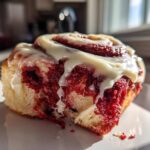 A close-up, featured image of a single, soft red velvet cinnamon roll topped generously with white cream cheese icing.