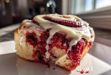 A close-up, featured image of a single, soft red velvet cinnamon roll topped generously with white cream cheese icing.