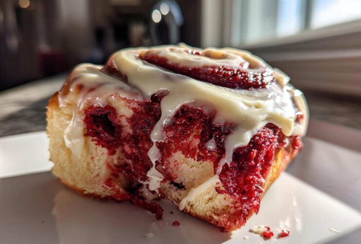 A close-up, featured image of a single, soft red velvet cinnamon roll topped generously with white cream cheese icing.