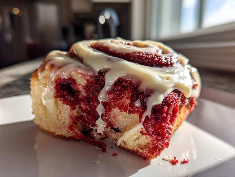 A close-up, featured image of a single, soft red velvet cinnamon roll topped generously with white cream cheese icing.