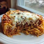 A thick slice of baked spaghetti pie showing layers of pasta, meat sauce, and a thick topping of melted mozzarella cheese.