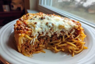 A thick slice of baked spaghetti pie showing layers of pasta, meat sauce, and a thick topping of melted mozzarella cheese.