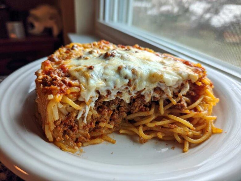 A thick slice of baked spaghetti pie showing layers of pasta, meat sauce, and a thick topping of melted mozzarella cheese.
