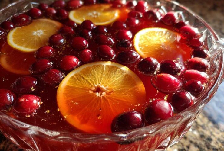 Close-up of a glass punch bowl filled with red Thanksgiving punch, garnished with floating orange slices and fresh cranberries.