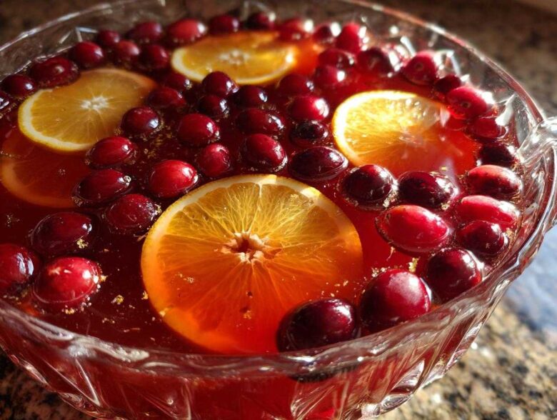 Close-up of a glass punch bowl filled with red Thanksgiving punch, garnished with floating orange slices and fresh cranberries.