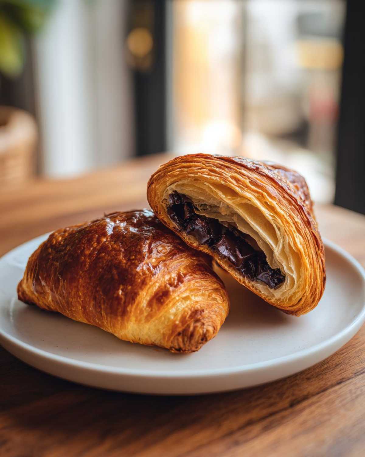 Two golden-brown chocolate croissant pastries on a white plate, one cut open to reveal melted dark chocolate filling.