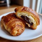 Two golden brown chocolate croissant halves on a white plate, one revealing gooey melted chocolate filling.