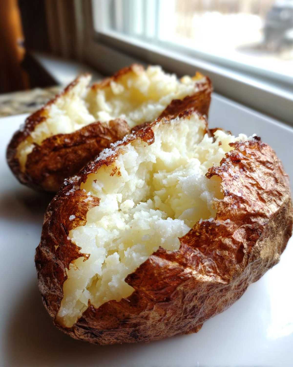 Two halves of a perfectly cooked air fryer baked potato showing fluffy white interior and crispy, salted skin.