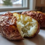Close-up of a perfectly cooked air fryer baked potato, split open to show the fluffy interior and crispy, salted skin.