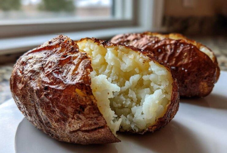 Close-up of a perfectly cooked air fryer baked potato, split open to show the fluffy interior and crispy, salted skin.