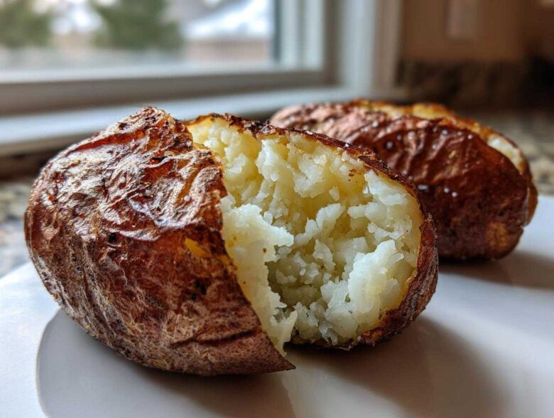 Close-up of a perfectly cooked air fryer baked potato, split open to show the fluffy interior and crispy, salted skin.