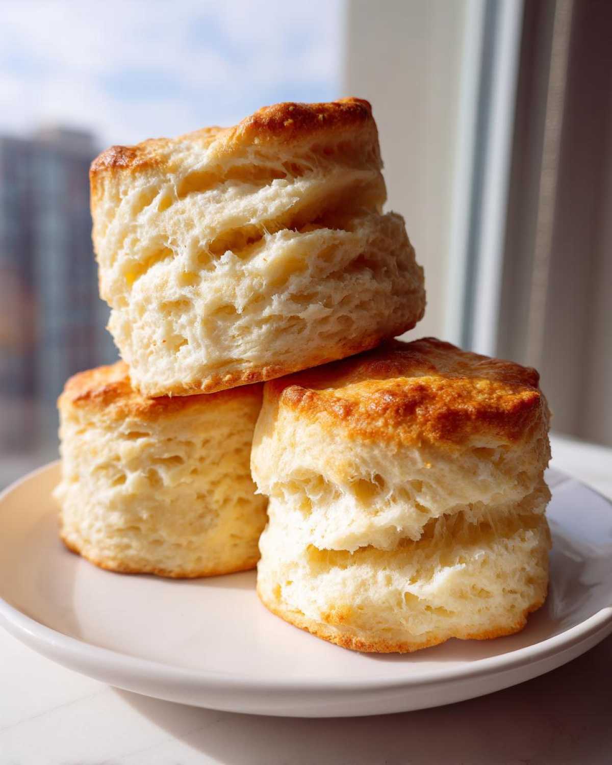 Three tall, flaky buttermilk biscuits stacked on a white plate, showing excellent height and golden tops.