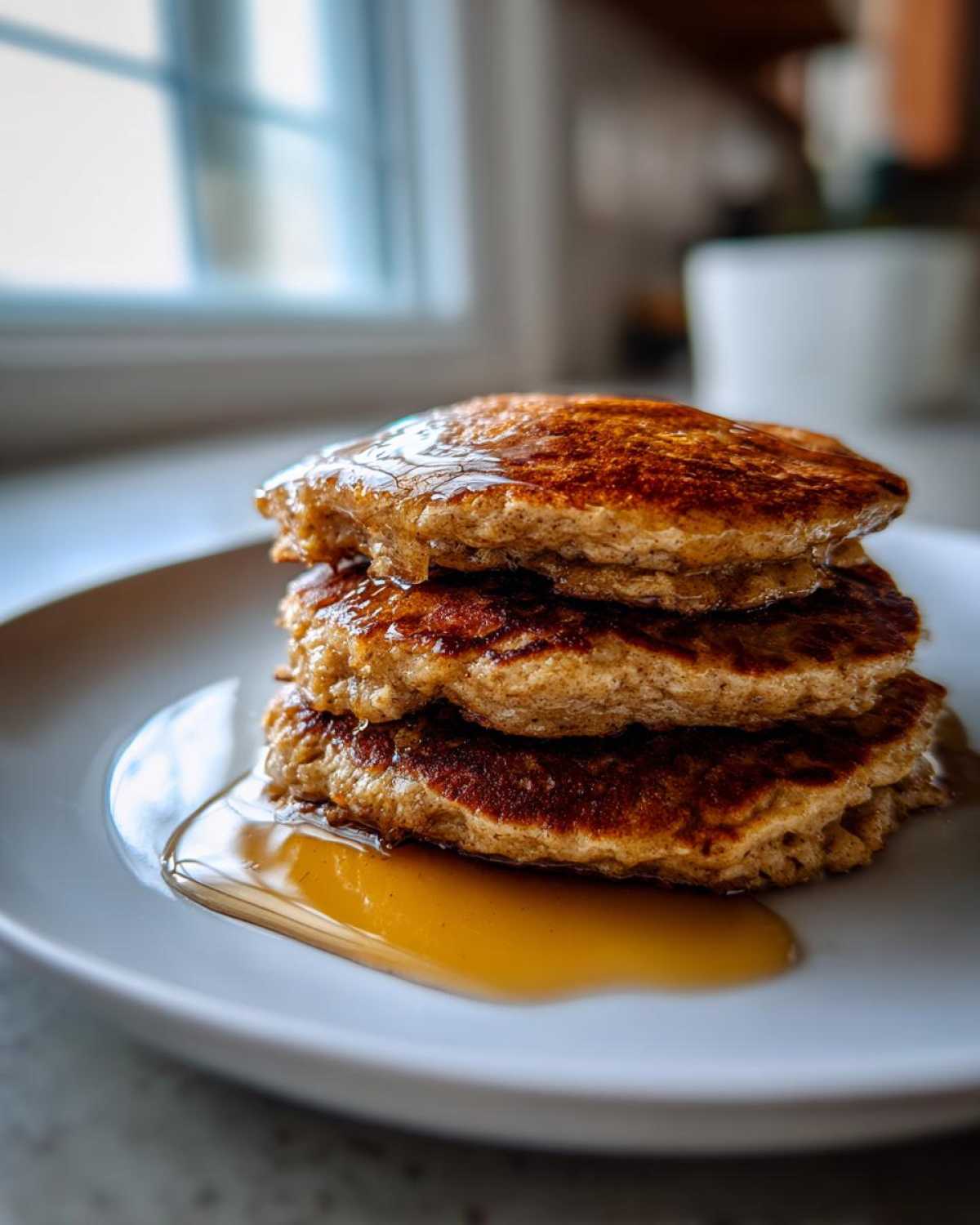 A close-up stack of three fluffy oatmeal pancakes generously drizzled with golden maple syrup on a white plate.
