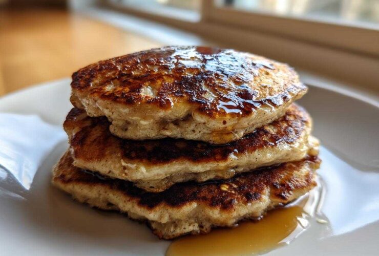 A close-up of a stack of three fluffy oatmeal pancakes drizzled generously with maple syrup.