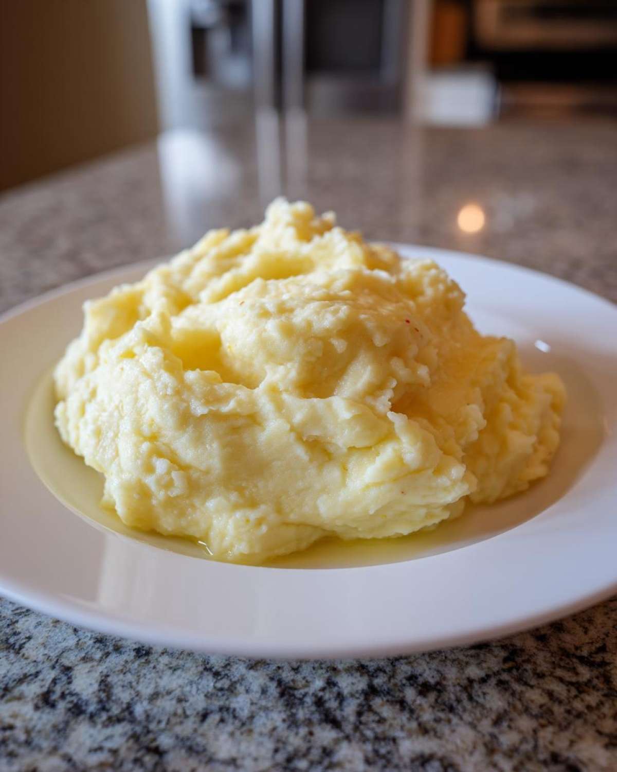 A generous serving of creamy, fluffy roasted garlic mashed potatoes piled high on a white plate.