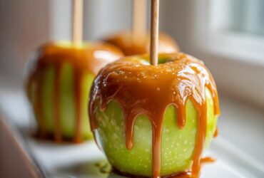 Close-up of a bright green apple covered in thick, dripping caramel sauce, ready to eat as one of the best caramel apples.