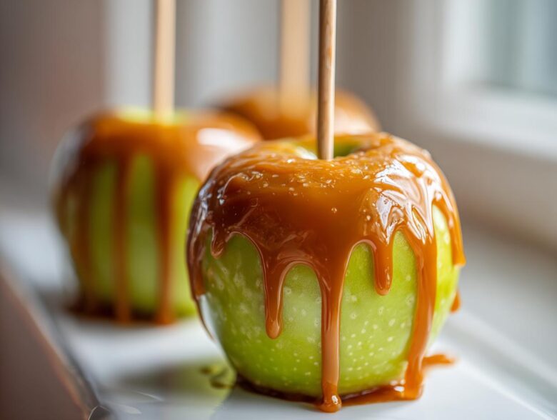 Close-up of a bright green apple covered in thick, dripping caramel sauce, ready to eat as one of the best caramel apples.