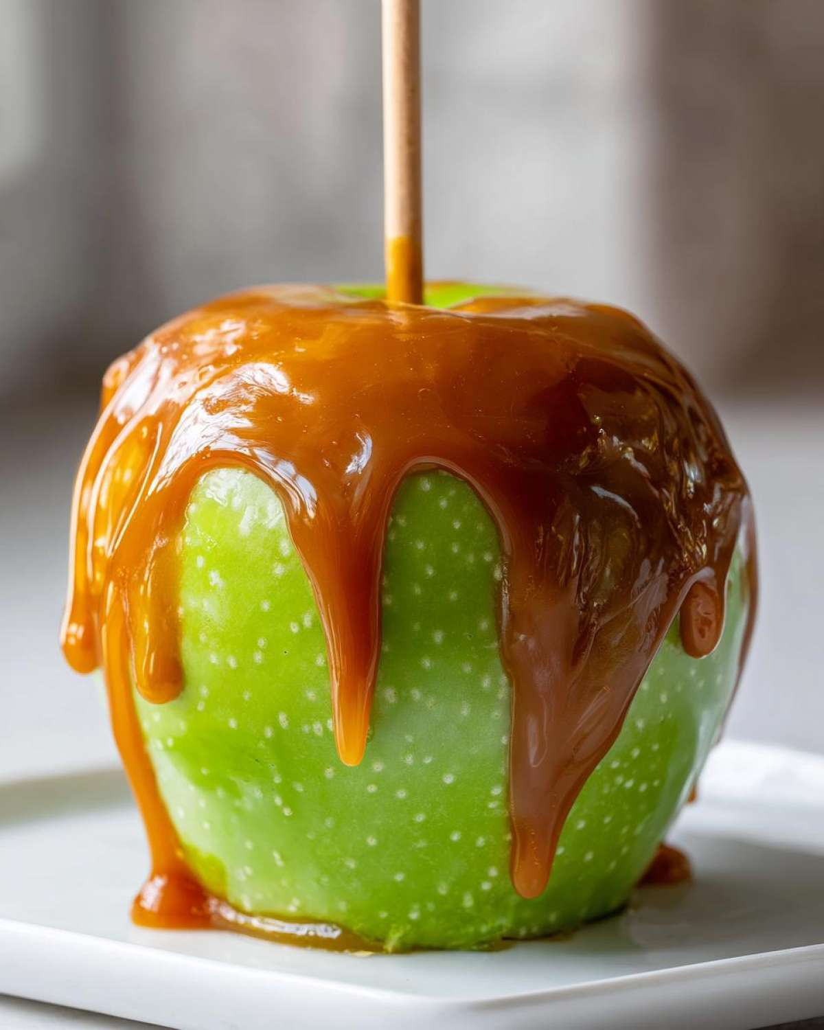 Close-up of a bright green apple covered in thick, dripping caramel sauce, ready to eat as a caramel apples treat.
