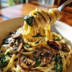 Close-up of fettuccine being lifted from a bowl of creamy mushroom pasta with spinach and Parmesan.