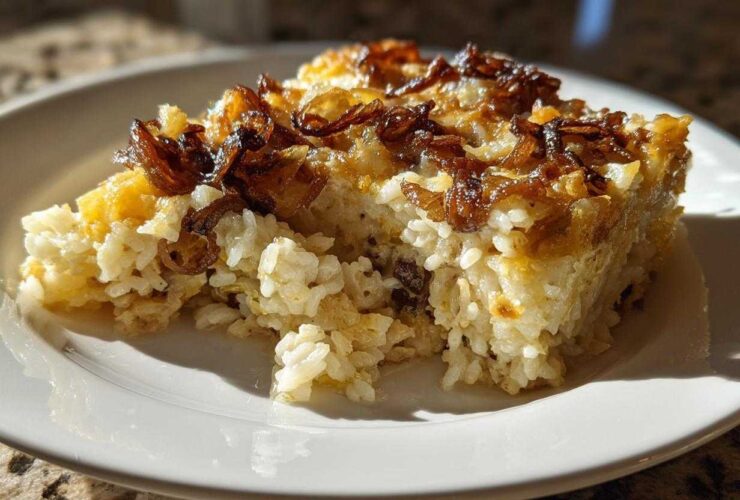 A square portion of baked french onion butter rice topped with crispy, caramelized onions on a white plate.