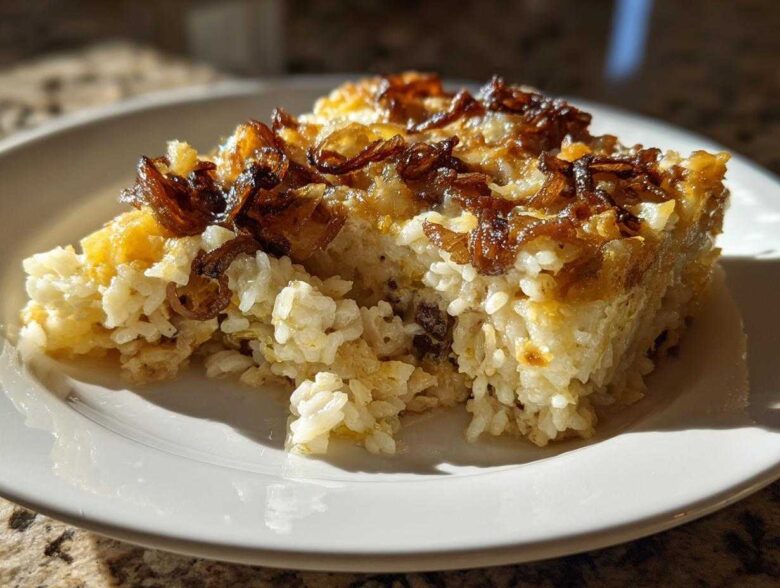A square portion of baked french onion butter rice topped with crispy, caramelized onions on a white plate.