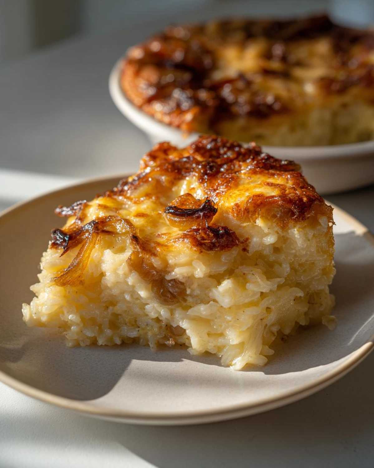 A close-up slice of creamy french onion butter rice with a deeply caramelized onion and cheese topping.