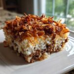 A square slice of french onion ground beef and rice casserole with crispy fried onions on top.