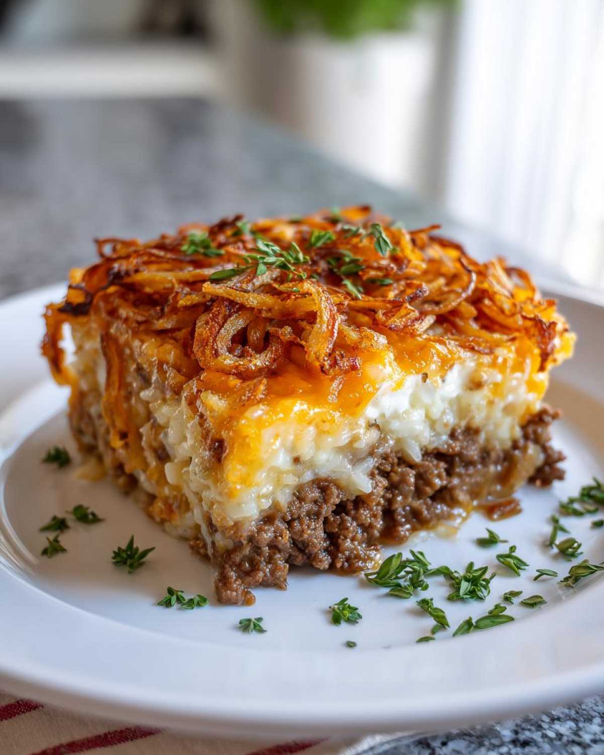 A perfectly layered slice of french onion ground beef and rice casserole topped with melted cheese and crispy fried onions.