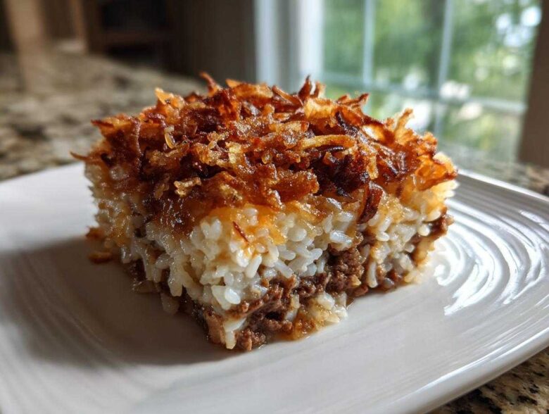 A square slice of french onion ground beef and rice casserole with crispy fried onions on top.