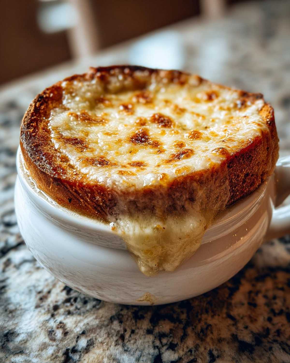 Close-up of a bowl of french onion soup topped with a thick, browned layer of melted cheese.