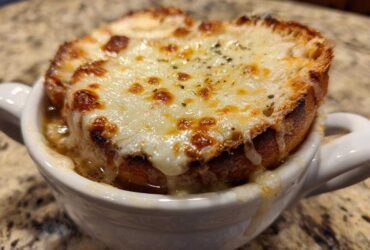 Close-up of a serving of french onion soup with a thick layer of melted, browned cheese over toasted bread.
