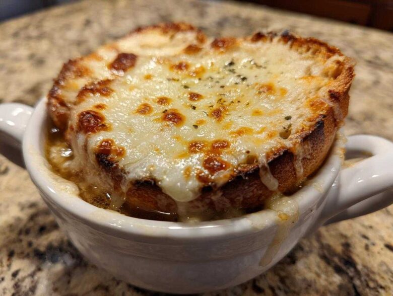 Close-up of a serving of french onion soup with a thick layer of melted, browned cheese over toasted bread.
