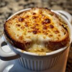 Close-up of a white crock filled with bubbling french onion soup, topped with a thick slice of toasted bread and melted, browned Gruyère cheese.