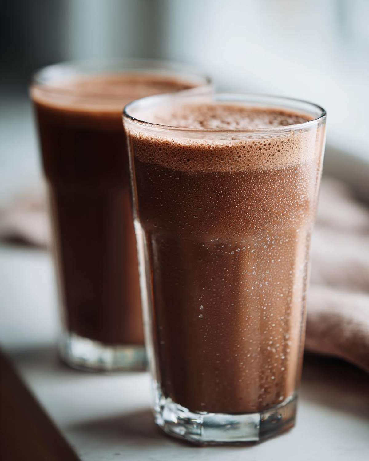 Close-up of two tall glasses filled with rich, frothy frozen hot chocolate, showing condensation on the glass.