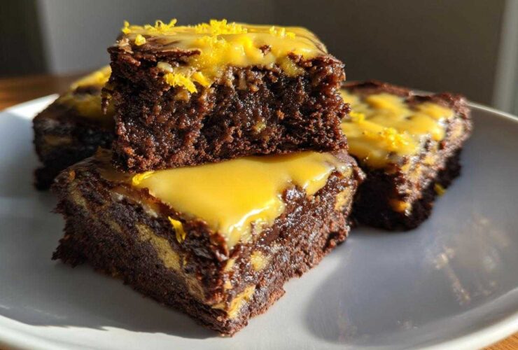 Close-up of stacked, fudgy lemon brownies topped with bright yellow lemon glaze and zest.