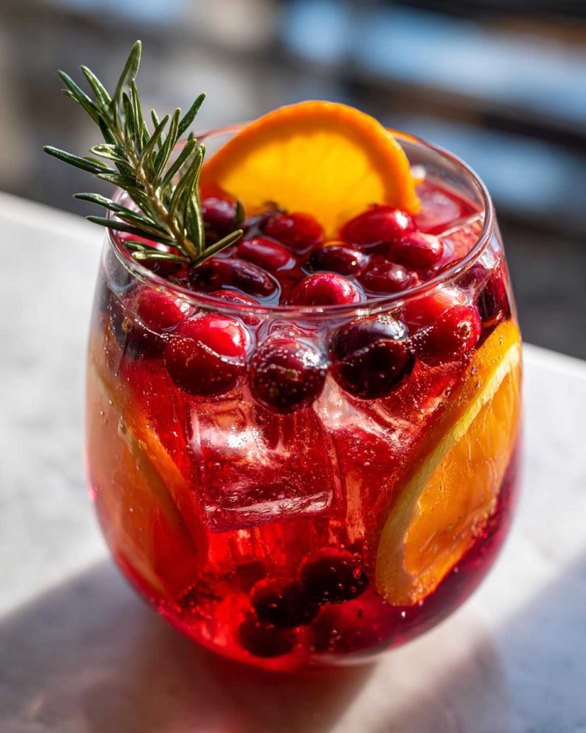 Close-up of a glass filled with red non-alcoholic christmas punch, ice, cranberries, orange slices, and a rosemary sprig.